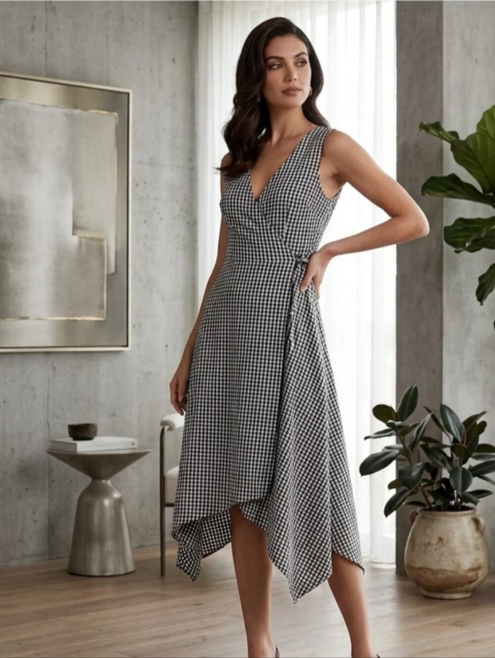 Bardot Black + White Asymmetrical Gingham Wrap Midi Dress Sz 6